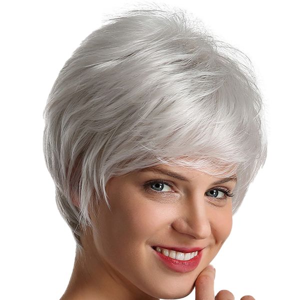 

women short synthetic straight pixie cut cosplay party wig 10 inches hairpiece warm white, Black