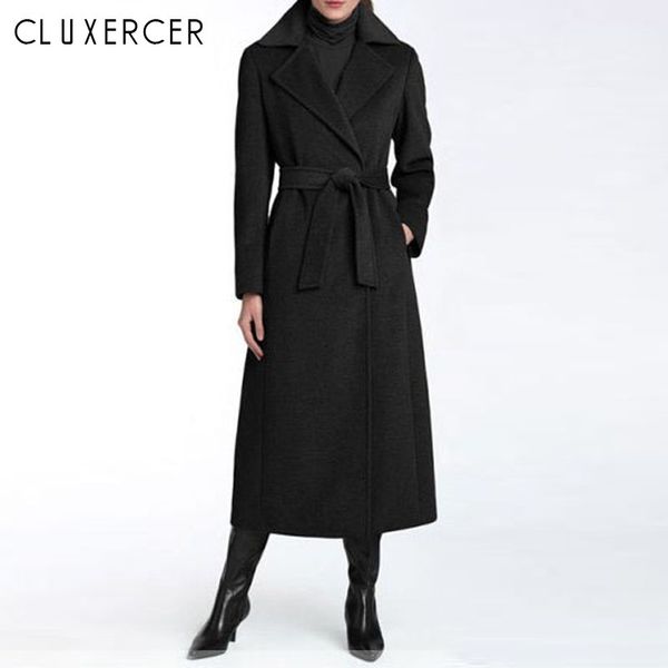 

women's wool & blends coat for women elegant type with belt long autumn winter turn down collar feminine casaco feminino, Black