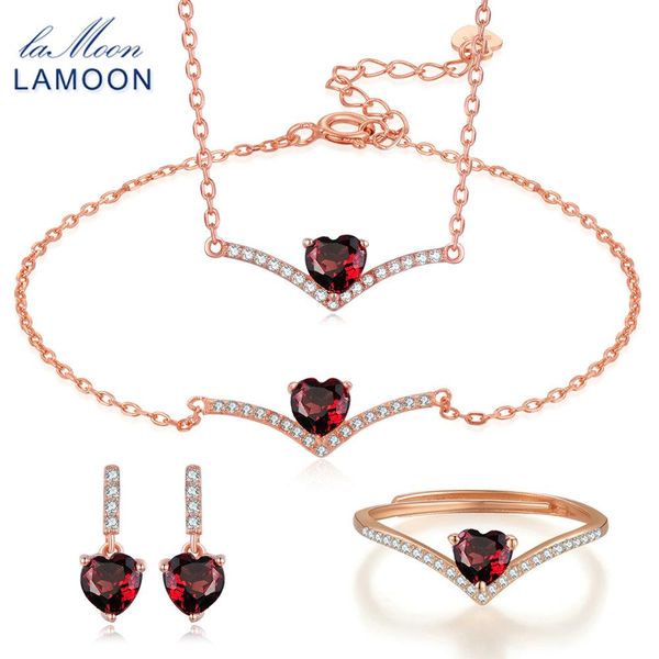 

lamoon 100% natural heart red garnet gems 925 sterling silver fine jewelry sets ring+earrings+necklace+bracelet for women v004-1, Black