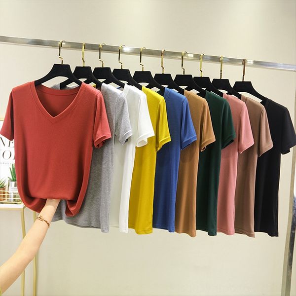 

modal v-neck t- t-shirt female 2020 summer solid color western style slim base shirt short-sleeved jacket, White