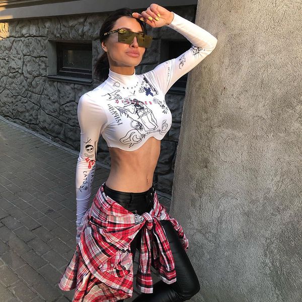 

the new long-sleeved high-collar printed women's t-shirt wears a hundred pieces of exposed umbilical shirt, White