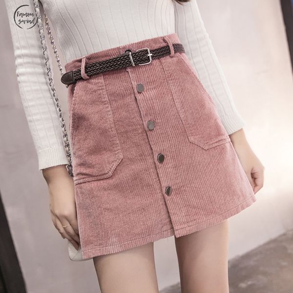 

кнопка юбка harajuku весна управление леди школа женщин short denim style линия высокой талией карманный вельвет весна мини-юбки, Black
