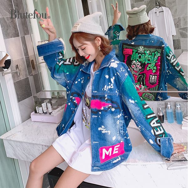 

2019 autumn denim jackets fashion sequins patch designs graffiti women jackets, Black;brown