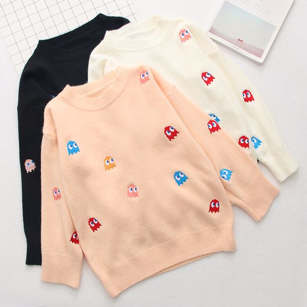 

monster embroidery sweet o-neck sweater kawaii cute girl pullover, White;black