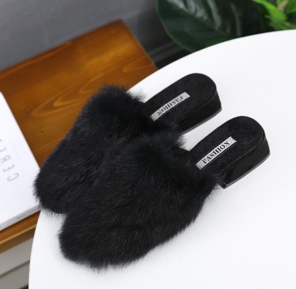 

fur slippers 2019 autumn and winter new thickened high-heeled fur slippers net red half drag winter, Black