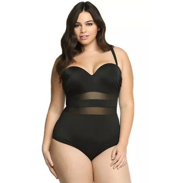 

europe and america plus size plus size one-piece swimsuit solid color mesh stitching fat woman bikini, White;black