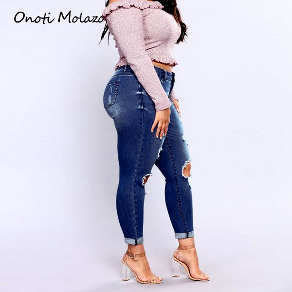 

2019 summer plus size trousers high waist pants ripped hole destroyed jeans wahsed distressed skinny jeans for women, Blue