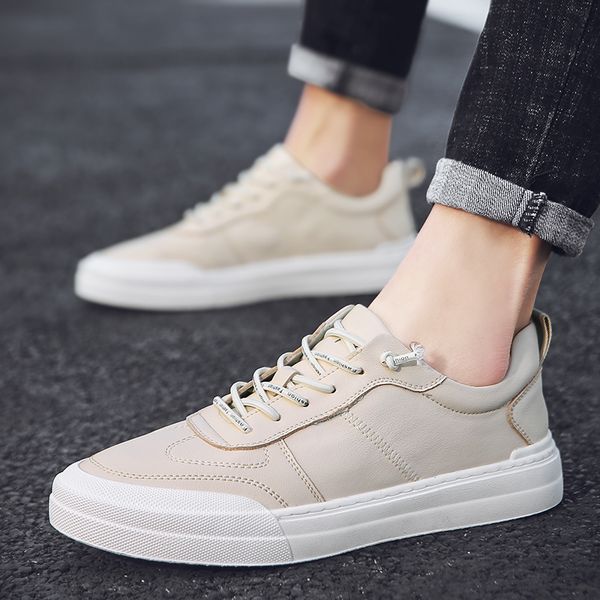 

men casual sneakers soft leather casual shoes fashion flat student sneakers men's white shoes skate %, Black