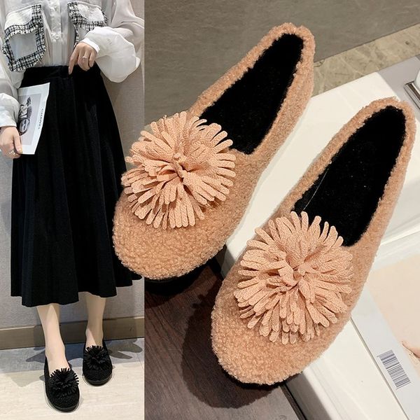 

loafers fur all-match round toe casual woman shoe winter shoes women fringe women's moccasins slip-on modis female footwear, Black