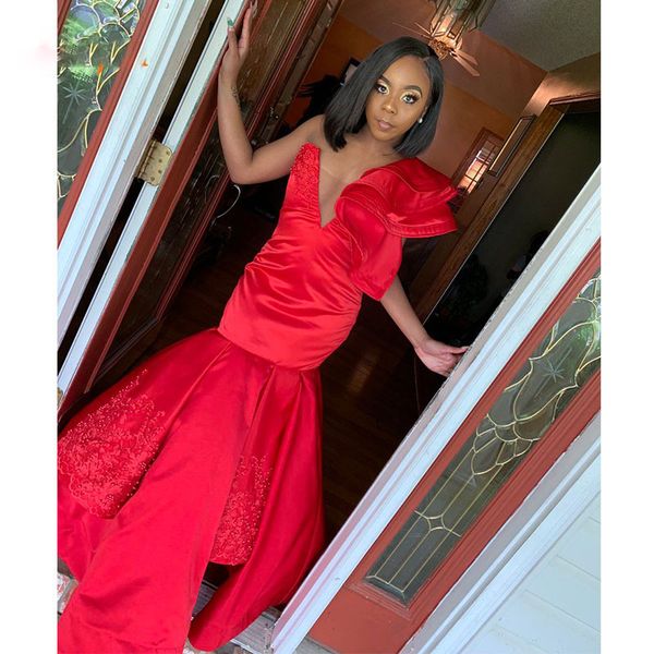 

ruffles one shoulder mermaid formal evening dresses puffy skirt appliques beaded african girls red prom dress robe longue, Black