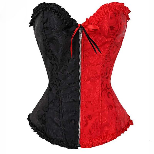 

floral overbust corset laciness zipper bustier elastic boned plus size gothic korset night clubwear corselet side red side black, Black;white