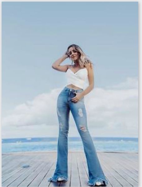 

женщины дизайнер flare рваные джинсы длинные slim fit тощий высокая талия отверстия синие джинсы брюки, Blue