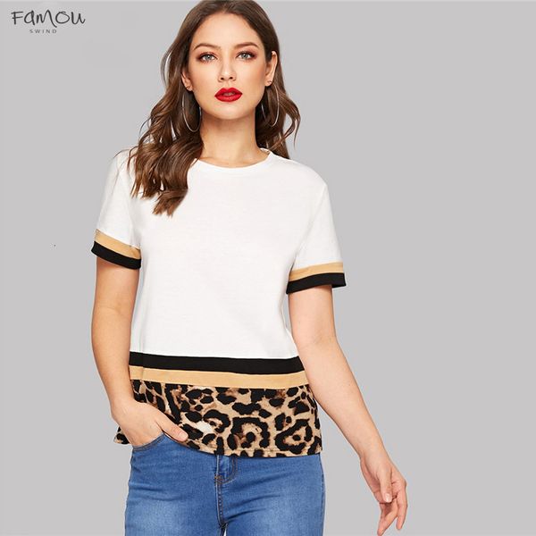 

Multicolor Color Block Leopard Print Women Tee Women Slim Fit T-Shirt Stretchy Round Neck Spring Solid Summer Tshirts Top