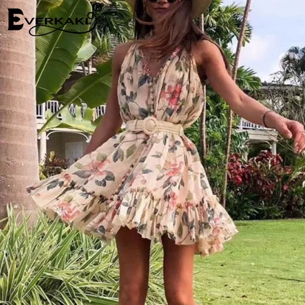 

everkaki floral print boho mini dress women summer vestidos sashes lining ladies short dresses casual female 2020 new fashion, Black;gray