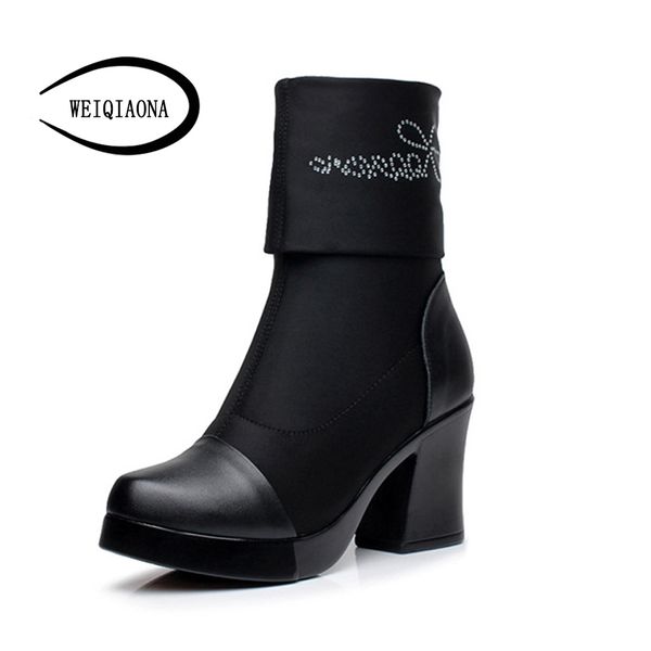 

weiqiaona 2019 winter big size 33-43 women shoes genuine leather round toe short boots high heel snow shoes ladies, Black