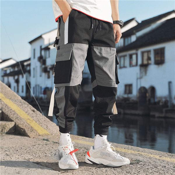 Calça harem cargo masculina, calça de corrida com vários bolsos, estilo hip hop, casual, para corrida, moda harajuku331v