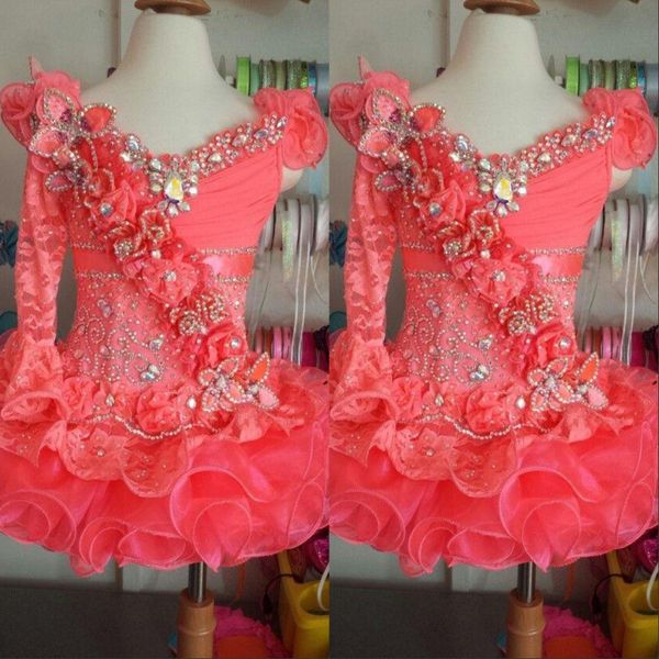 

2020 one shoulder lace crystal coral organza mini short long sleeve ball gown girl pageant dresses little kids flower girl dresses, White;red