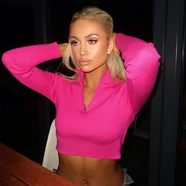 

fall women solid long sleeve bodycon sweaters turtleneck zippers crop pullover neon navel exposed sweaters, White;black