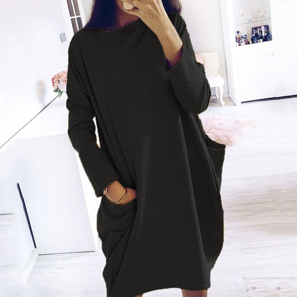 

casual dresses simple solid colors dress plus size women long sleeve pockets tunic ladies loose pullover female streetwear vestidos, Black;gray