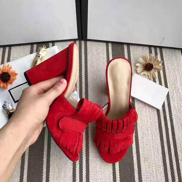 

classic woman sandals lady summer designer sandals metal buckle leather high heeled shoes coarse heel half slippers large, Black