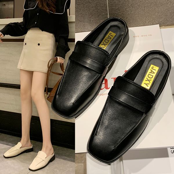 

shoes mules for women 2020 ladies' slippers low luxury slides pantofle cover toe loafers flat designer new soft pu rome rubber, Black