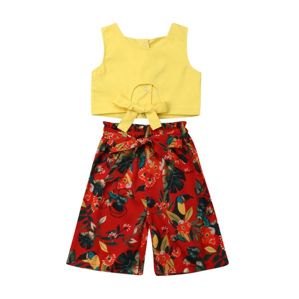 

2pcs girls summer clothes 2019 toddler baby girl pure sleeveless hollow crop +bird&flowers printed pants outfits 1-5y, White