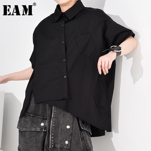 

eam] women black asymmetrical split big size blouse new lapel half sleeve loose fit shirt fashion tide spring autumn 2020 a616, White