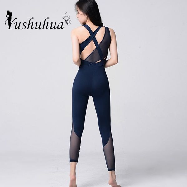 

yushuhua back cross sport suit mesh tight yoga set fitness jumpsuit sportswear for women gym running training athletic suit, White;red
