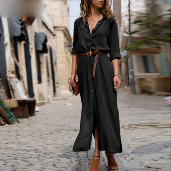 

women designer dresses womens clothing green dress womens solid casual loose v neck split hem long dress winter women shirt dresses, Black;gray