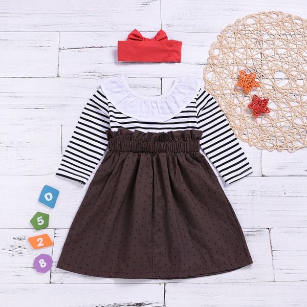 

kid girls dress with hair accessories summer casual long sleeve stripe dress patchwork dot suspenders skirt child girl clothing, Red;yellow