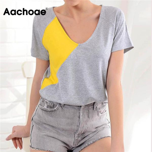 

aachoae women summer t shirts harajuku patchwork t-shirt ladies v neck short sleeve casual loose tunic tee shirt femme, White