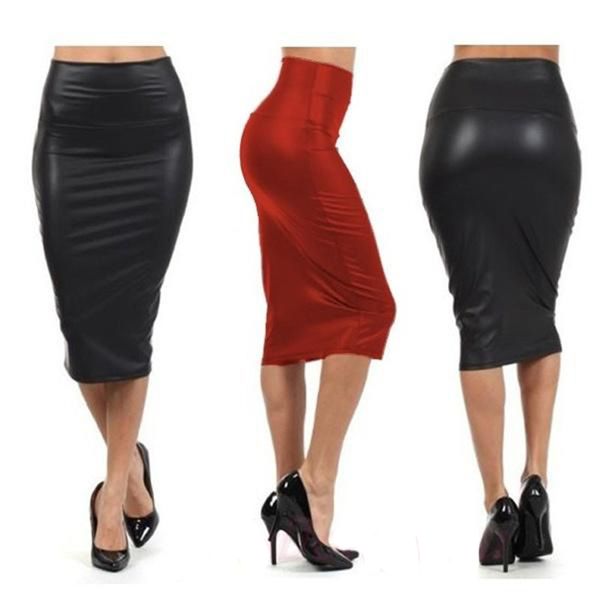 

pu leather skirts women bandage high waist pencil skirts office lady faux leather harajuku long skirt plus size midi autumn, Black