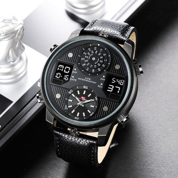 

2019 big dial black dual display army man watches leather band steel men male quartz watch wristwatches clock waches men whatch, Slivery;brown
