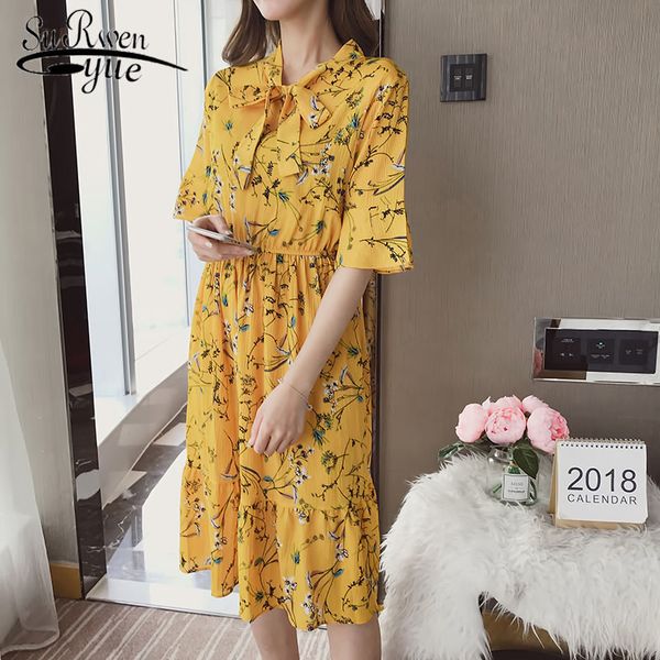 

medium long chiffon broken flower women dress sweet and elegant 2019 flare sleeve a-line lady dress printing 3506 50, Black;gray