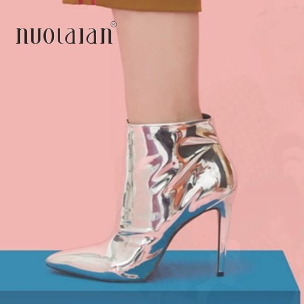 

2019 autumn winte women boots silver gold metallic leather ankle boots for women pointed toe high heels boots ladies shoes, Black