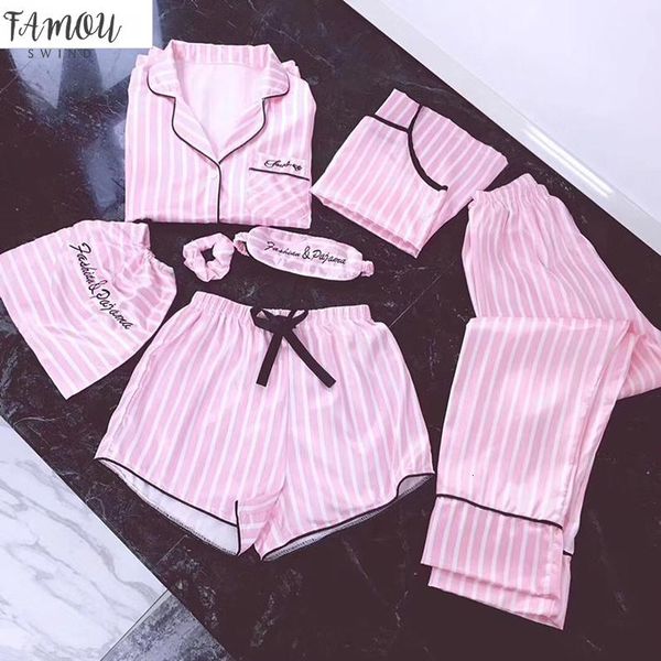 

pink 7 pieces women pajamas sets satin silk lingerie homewear sleepwear pyjamas set pijamas for woman