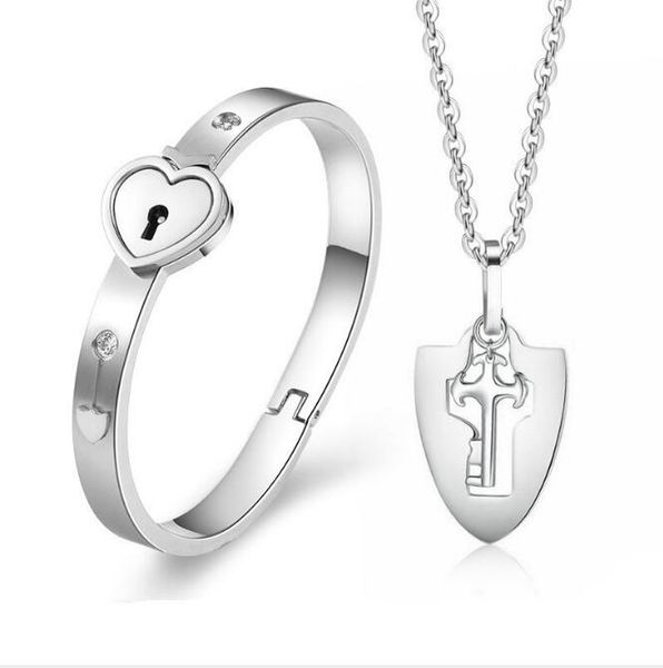 

wholesale-jewelry sets stainless steel jewelry set lover lock bangle bracelet key pendant necklace ne966, Silver