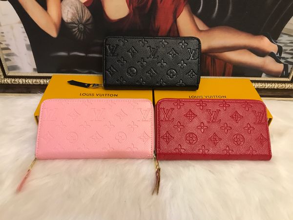 

2020 famous embossed floral leather men zipper wallets women leather wallet pu leather long wallet coin pocket card holders with boxes, Red;black