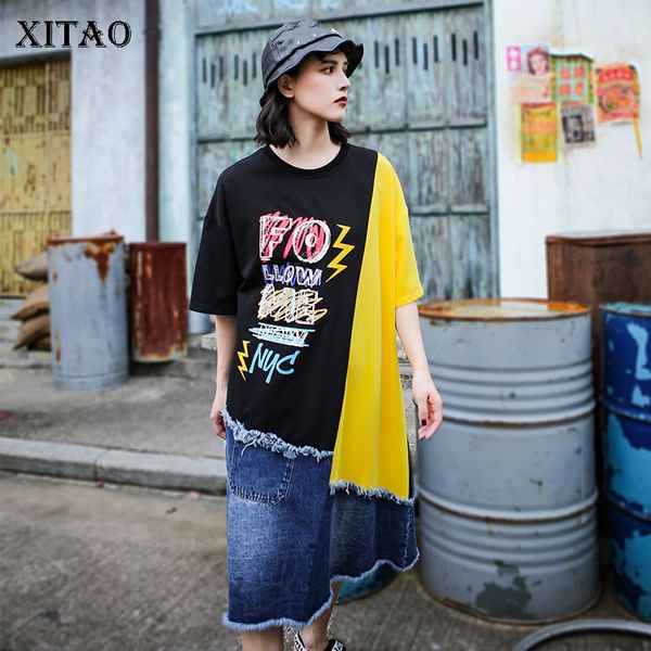 

xitao patchwork letter dress fashion new 2020 spring summer pullover print irregular goddess fan minority loose dress dmy4368, Black;gray