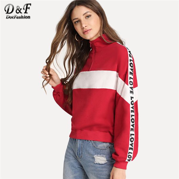 

dotfashion red zip half placket letter tape side sweatshirt women autumn 2018 clothing long sleeve sporty colorblock sweatshirts, Black