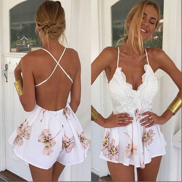 

womens jumpsuit macacao summer feminino lace halter v neck floral playsuit shorts rompers womens overall jumpsuits women clothes, Black;white