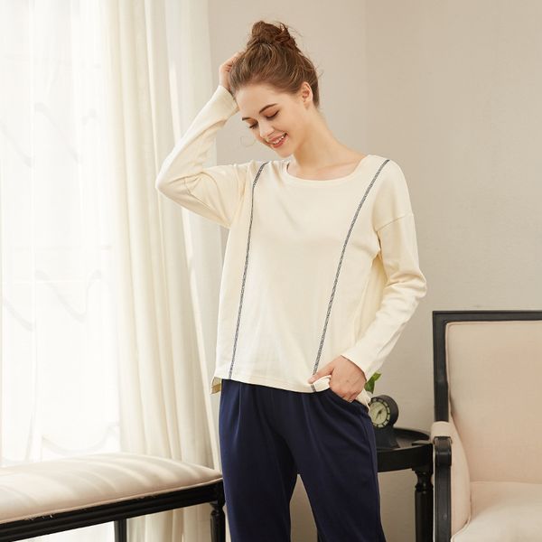 

spring summer ma'am pajamas suit woman long sleeve full pure cotton sleepwears home furnishing serve, Blue;gray