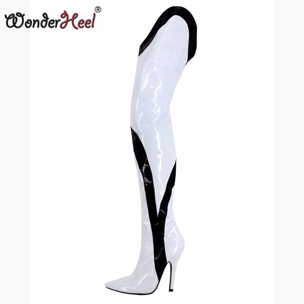 

wonderheel 71cm length extreme high 12cm stiletto heel patent white pointed toe women thigh high boots fashion show boots, Black