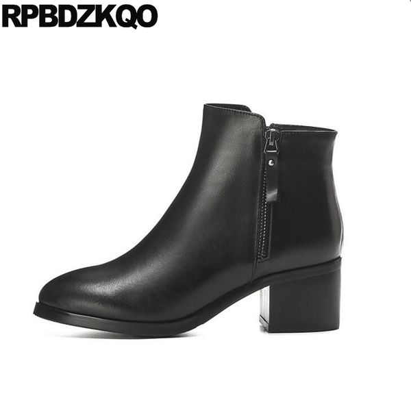 

real leather women ankle boots medium heel short black block round toe plus size 10 luxury genuine fall shoes chunky big autumn
