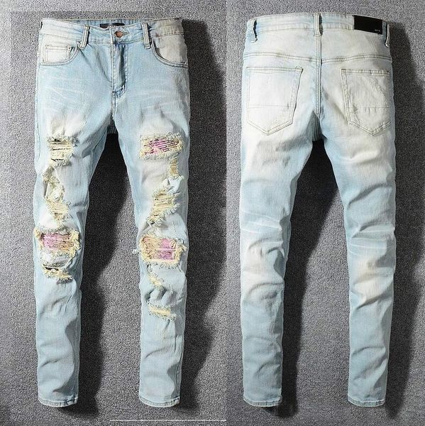 

new brand jeans famous designer fashion pants amiri jeans mens hole pants casual patch trousers feet pants selling slim trousers new 1:1, Blue