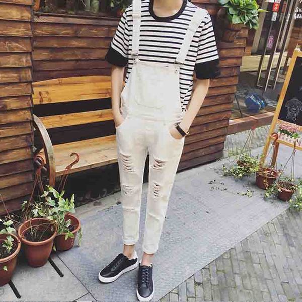 

2018 summer new personality mens slim big hole ripped jumpsuit denim jean overalls black white bib pants