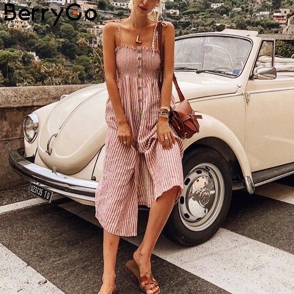 

berrygo striped cotton women midi dress summer spaghetti strap split pink bohemian dresses holiday chic beach dresses for women, Black;gray