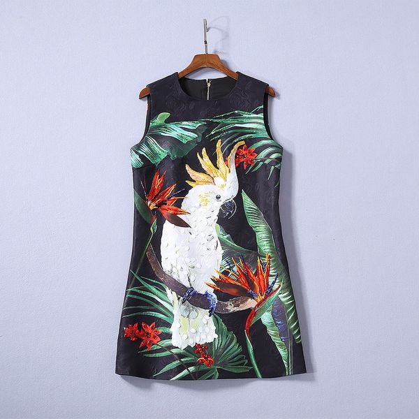 

new european and american women's dresses for spring 2020 sleeveless parrot printed nail beads jacquard black dress, Black;gray