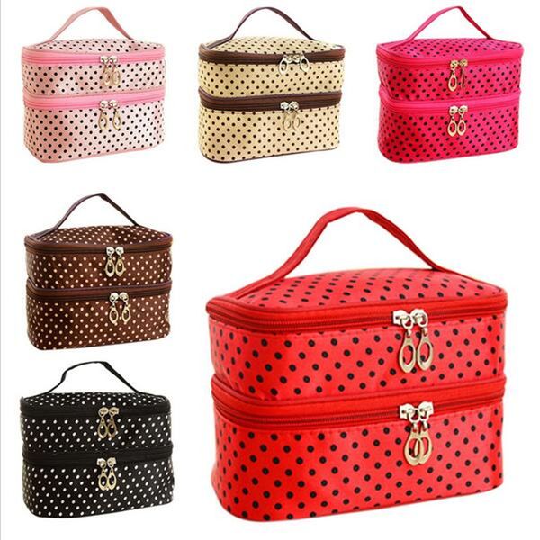 

fashion double layer small dots cosmetic bag makeup tool storage bag multifunctional storage package s385