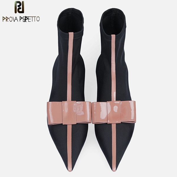 

prova perfetto new style stretch fabric boots women pointed toe round heel bowknot shoes woman high heels sock boots ankle, Black